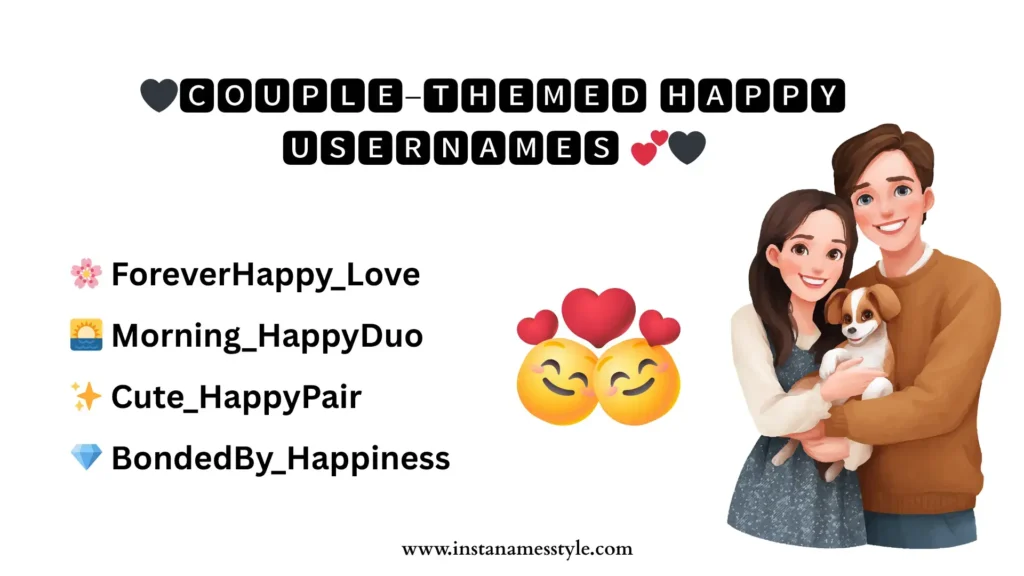 Couple-themed Happy Usernames generator examples with emojis for shared Instagram profiles