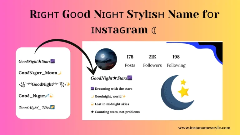 Good Night Stylish Name generator showing five unique, moon and star-themed name options for an Instagram bio