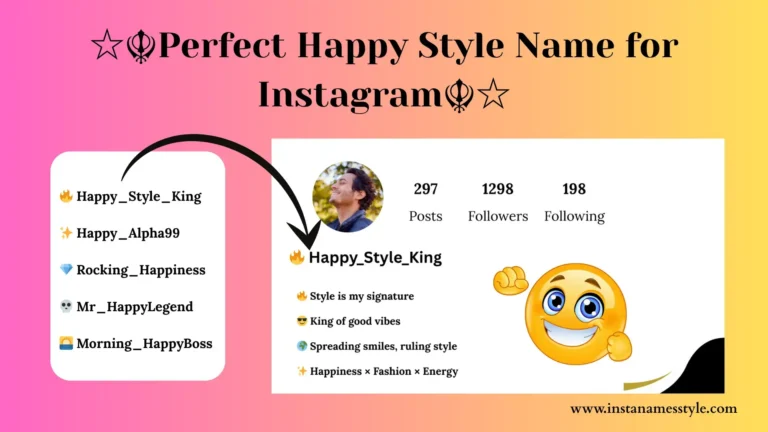 Perfect Happy Style Name generator showing five unique, emoji-enhanced profile names for Instagram