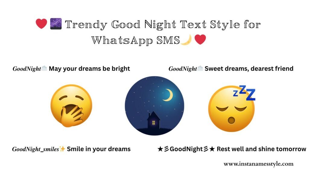Trendy Good Night Text Style for WhatsApp SMS showing four styled messages and three large sleep-themed emojis