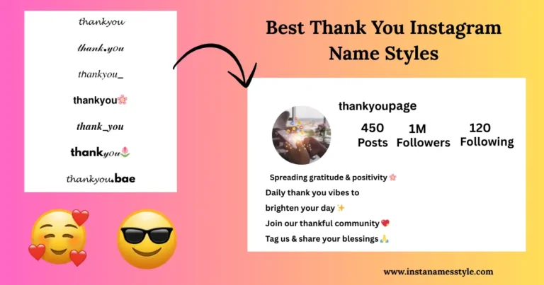 Examples of 'thankyou' written in various cursive and bold Unicode fonts for Instagram bios.