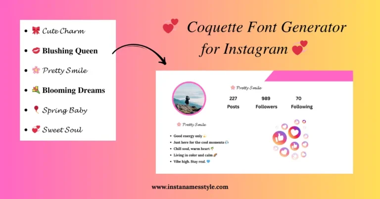 Examples of Coquette-style names like 'Sweet Soul' and 'Pretty Smile' being used in an Instagram bio layout.