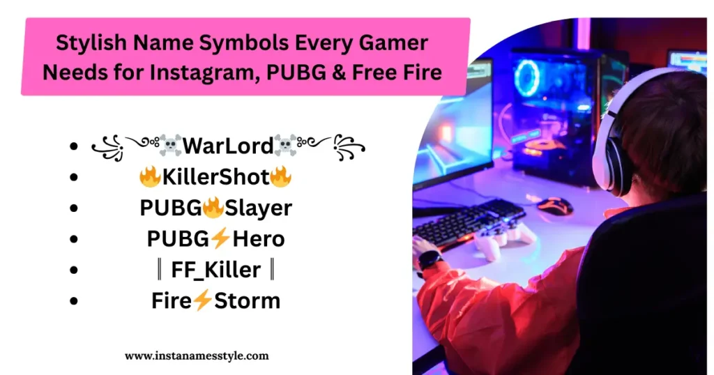 List of bold, stylish gamer names (WarLord, KillerShot, Fire Storm) with flame and lightning symbols