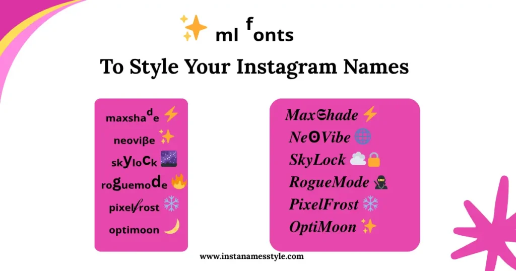 A list of ML font examples like 'SkyLock,' 'RogueMode,' and 'OptiMoon' styled with various small symbols and unique formatting.